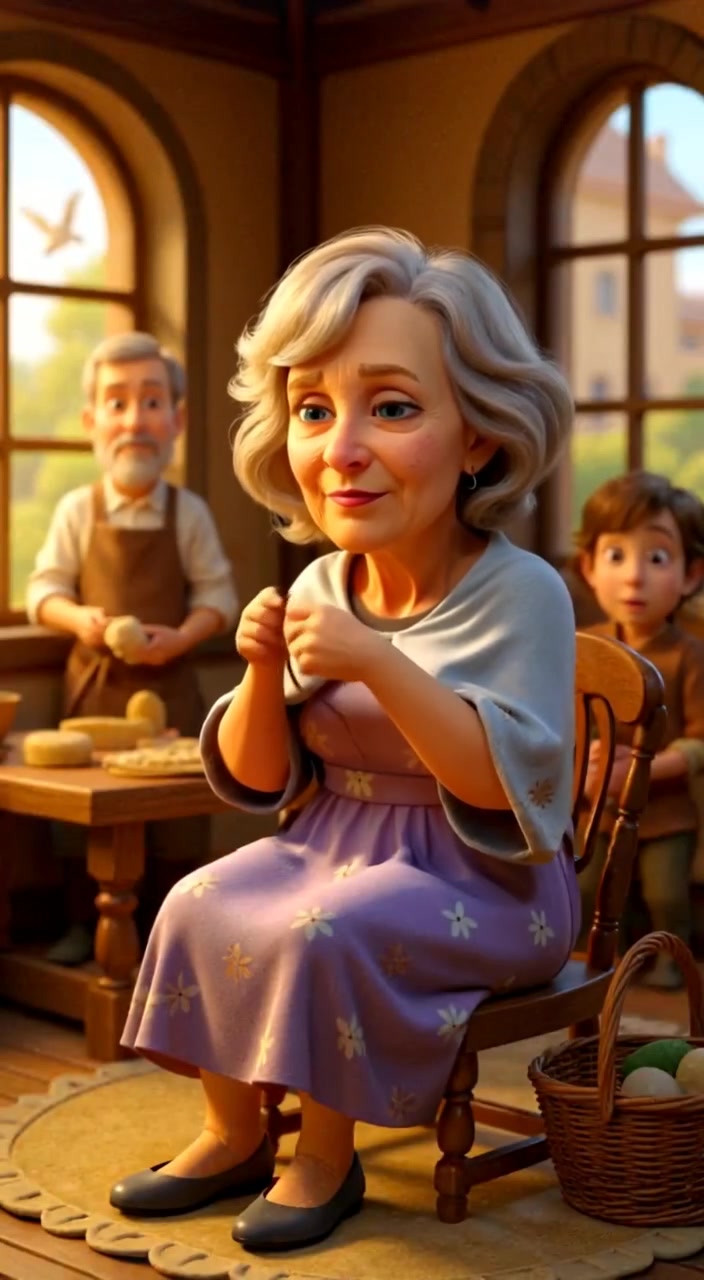 The woman gently knits while sunlight filters through the window, casting warm shadows in the cozy room.