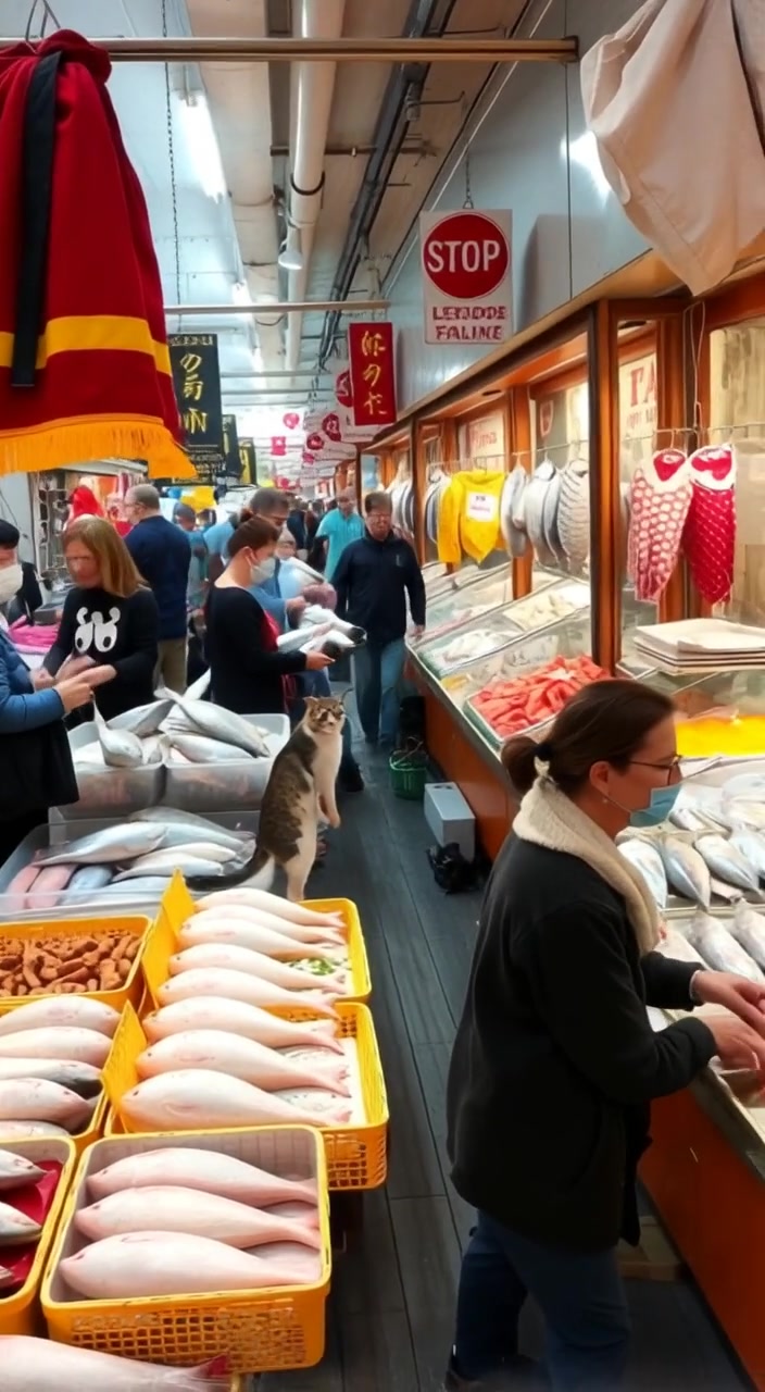 A woman gently picks up a glimmering fish from a bustling market stall filled with vibrant seafood.