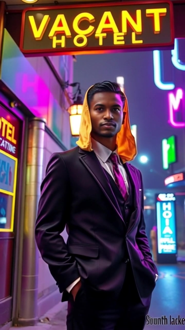 Subject: A man in a suit with a hood standing at the entrance of a vacant hotel. Subject movement: He shifts his weight slightly from one foot to the other, peering into the dimly lit interior. Scene: The entrance of an old, abandoned hotel, with cracked brick masonry and broken glass. Style: The atmosphere is moody, with shadowy corners and flickering light from a nearby streetlamp. Motion: A slow push in with a handheld camera, focusing on the subject's contemplative expression, while the hotel's eerie ambiance envelops the scene.