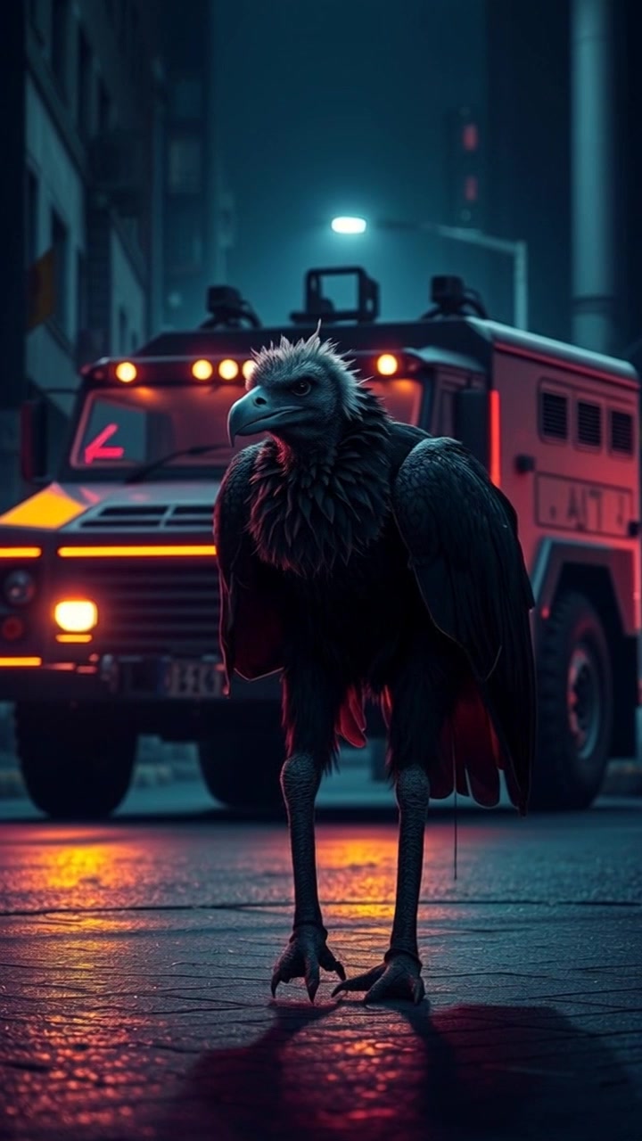 Subject: Vulture with menacing sharp beak and dark feathers, perched near an armored truck under the bright headlights. Subject Movement: Stillness. Scene: Dark night street with eerie shadows and the armored truck as the focal point. Camera Language: Slow push towards the Vulture to create suspense. Lighting: Harsh, contrasted light from the armored truck's headlights casting dramatic shadows. Atmosphere: Tense, mysterious, and ominous with a sense of impending danger.