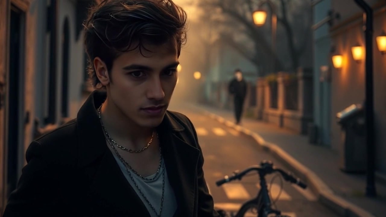 Scene: A quiet street at dusk, shadows stretching across the pavement, creating an eerie atmosphere as a figure looms in the distance. Style: The soft glow of ambient streetlights contrasts with the deepening twilight, casting long shadows. Motion: The camera slowly pushes in towards the shadowy figure, heightening the tension, as it gradually comes into focus against the encroaching darkness.