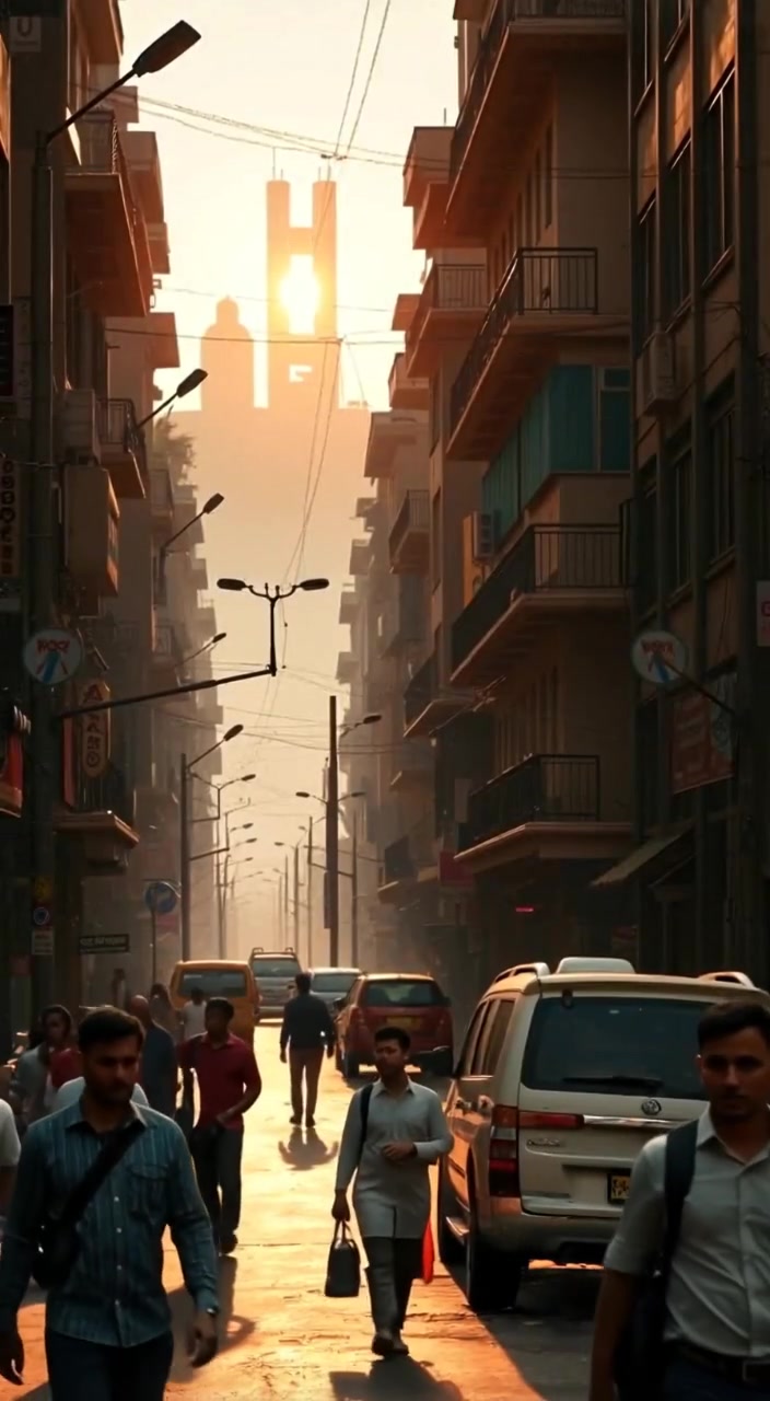 The crowd moves naturally along the street as sunlight streams through the buildings, igniting the morning bustle.