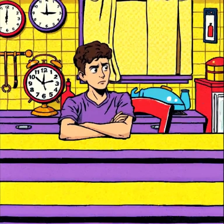 The man gently taps his fingers on the table, glancing at the clock as time passes.
