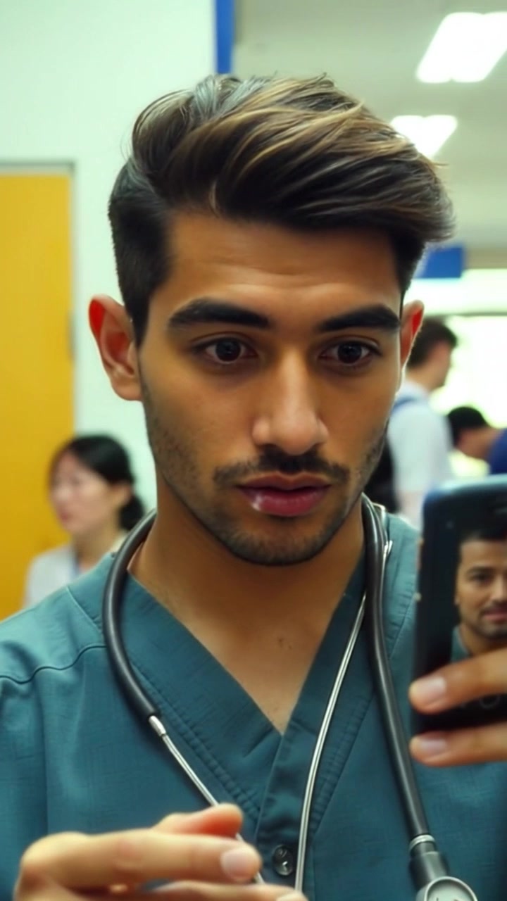 Subject: A young man, Dika, looking shocked as he stares intently at his phone screen. Subject movement: Dika's head turns in disbelief, his eyes widening as he processes the situation. Scene: A bustling university hallway filled with students and banners, capturing a lively academic atmosphere. Style: Bright, natural light filtering through windows, illuminating the scene and highlighting Dika’s expressions. Motion: Handheld camera tracks in closely on Dika's face, capturing the moment of realization and the vibrant energy of the background.