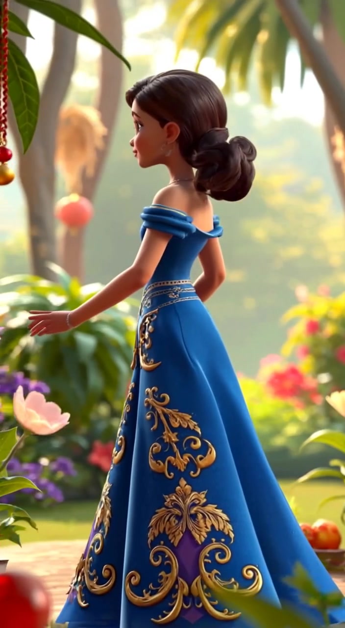 The girl gently twirls in her elegant dress amidst blooming flowers in the lush garden.