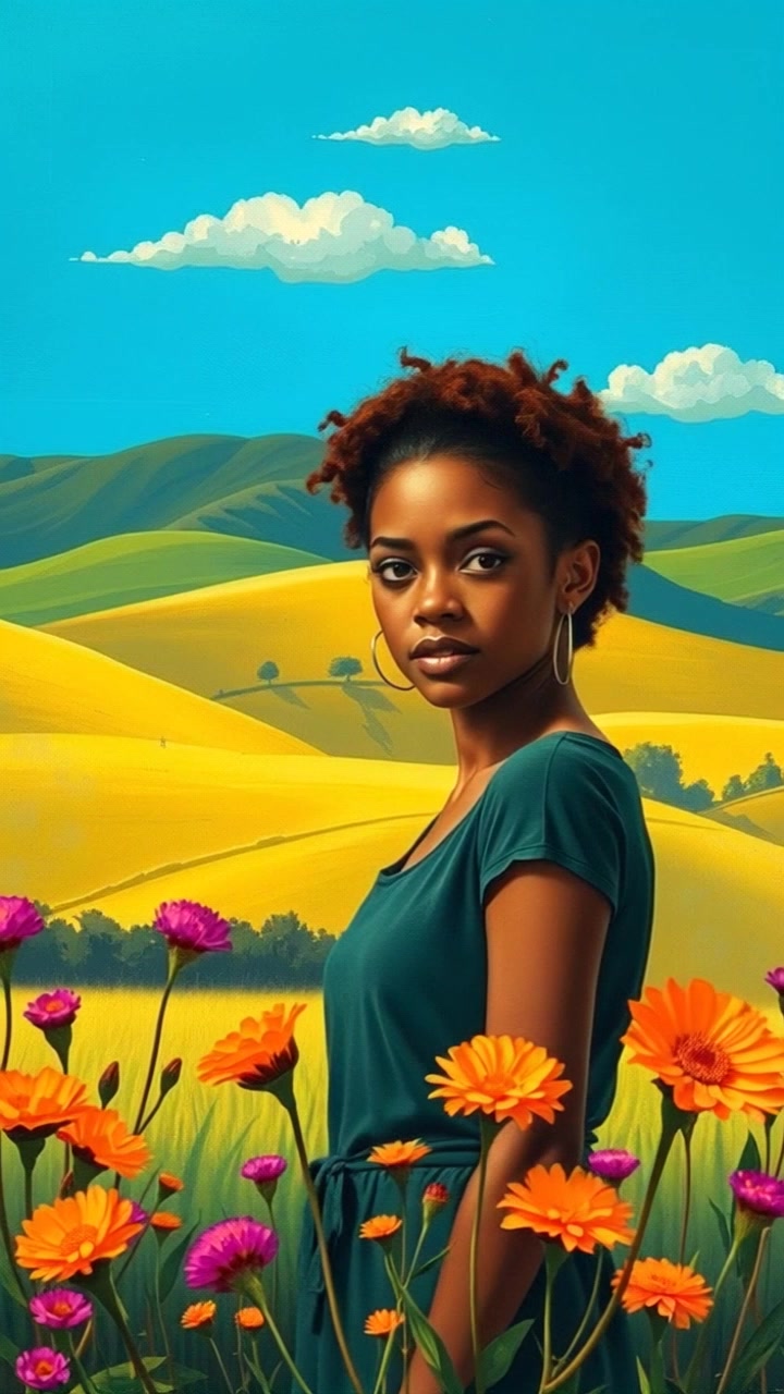Subject: A beautiful girl standing gracefully in a field of wildflowers. Subject movement: She twirls playfully, the flowers swaying around her. Scene: A lush green landscape of Eswatini, with rolling hills and a clear blue sky in the background. Style: Bright, sunny lighting enhancing the vibrant colors of the landscape and flowers. Motion: The camera gently pans around her, capturing the joy of movement while showing the expansive beauty of the surrounding hills.
