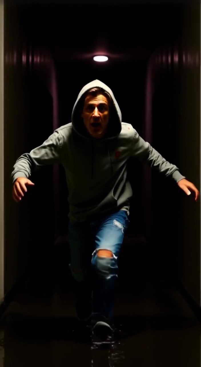 The boy stumbles forward in shock, arms outstretched as he begins to fall in a dimly lit hallway.