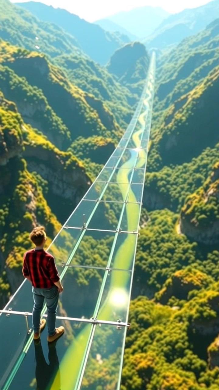 Baby Boy Exploring a Glass Bridge Above Nature's Beauty