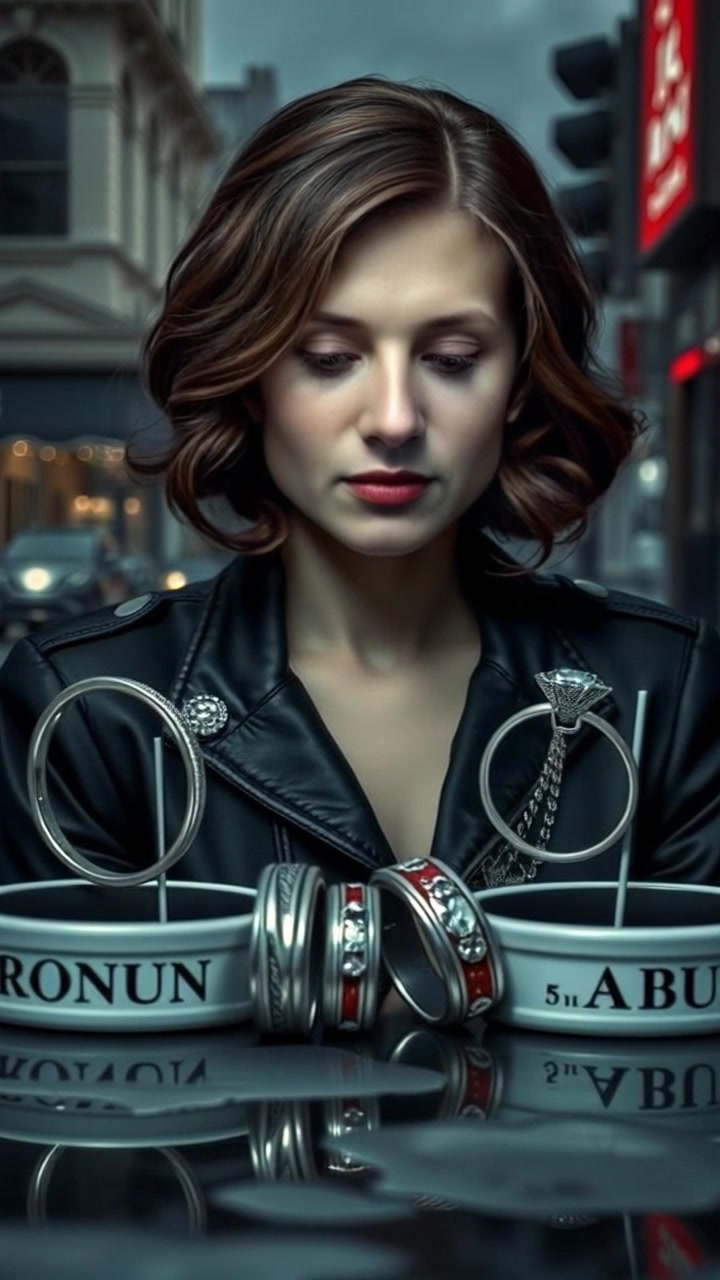 Scene: A poignant display of a series of wedding rings placed side by side, each one reflecting light while symbolizing turbulent relationships. Style: Soft, diffused lighting enhances the emotional weight of the rings, creating a somber atmosphere. Motion: The camera slowly pans across the collection of rings, capturing their intricate details, while a gentle, melancholic music score sets the mood.