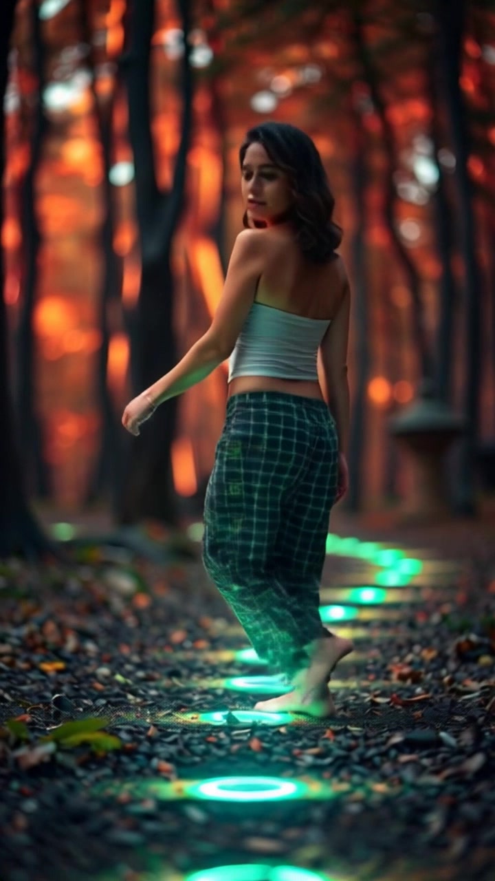 Scene: A close-up of a young woman's feet stepping onto a glowing, ethereal path in a lush forest, surrounded by vivid greenery. Style: Soft, ambient lighting filtering through the treetops, creating a mystical atmosphere. Motion: Smooth dolly in as the camera captures the feet gradually sinking into the luminous trail, highlighting the enchanting contrast between the dark forest floor and the glowing path.