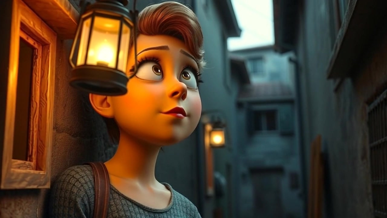 A dimly lit room with a flickering lantern, illuminating Sara's thoughtful gaze as she gazes out the window.