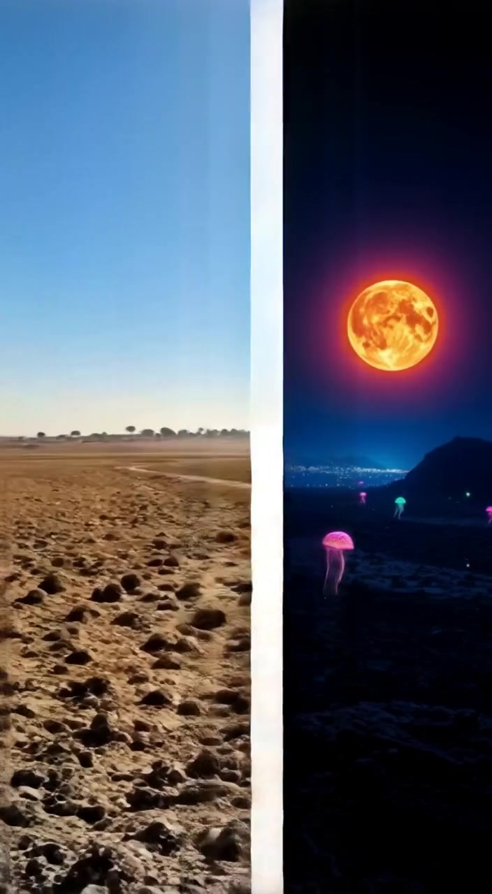 A heat haze shimmers above the parched earth under a blazing sun, creating a surreal summer atmosphere.