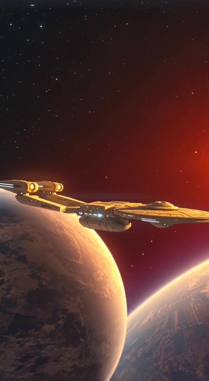 The camera gently zooms out, revealing two rival space stations orbiting a distant planet, illuminated by stars.