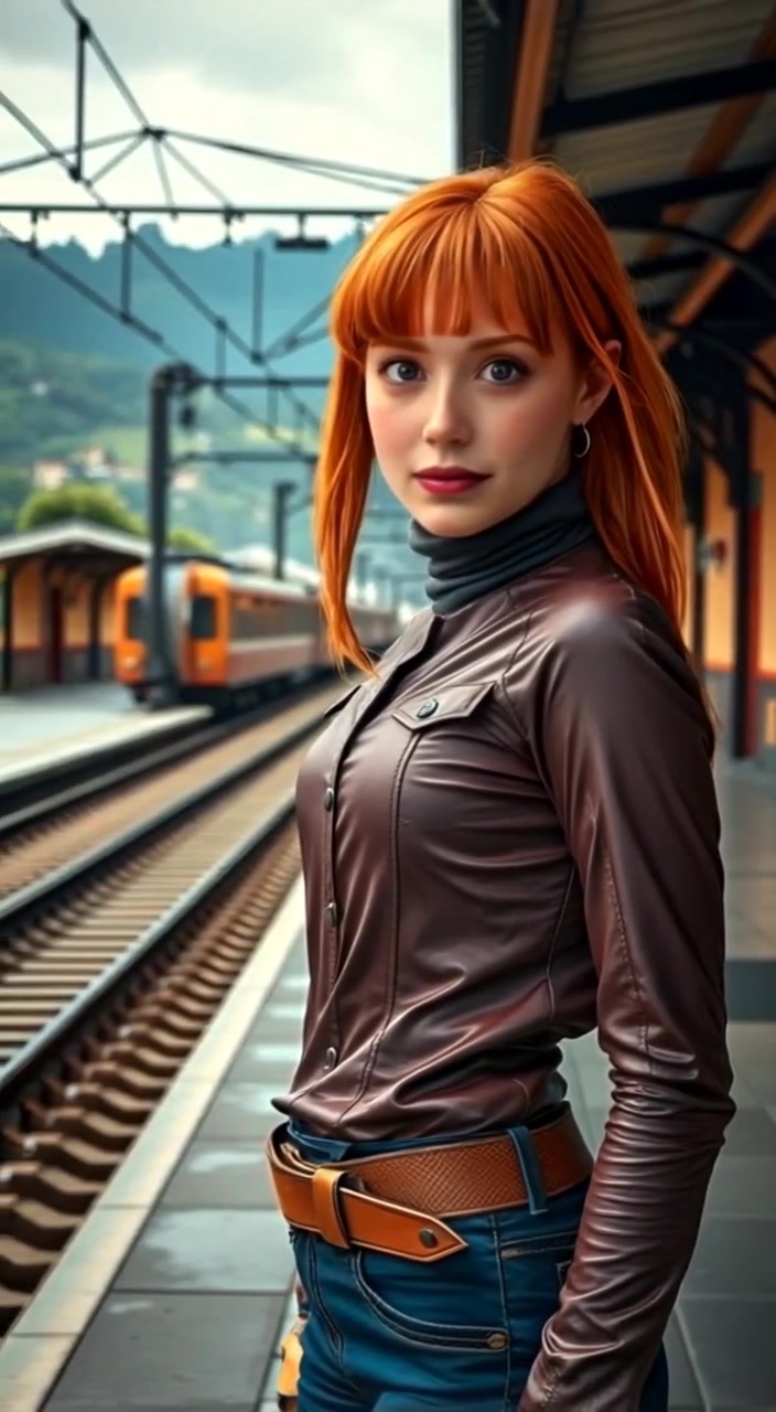 The woman stands still at the station, gazing thoughtfully at the distant hills as the train arrives.