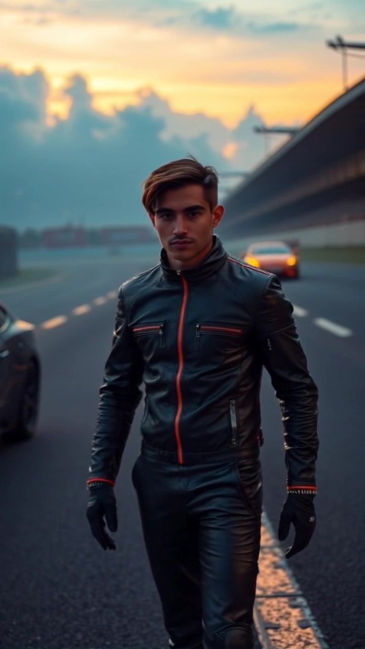 A lone figure in a leather suit walks briskly along a mist-shrouded racing track at dawn. The camera slowly tracks behind the figure, revealing the eerie atmosphere enveloping the empty track. Glimmers of light play through the mist, enhancing the mysterious and suspenseful ambiance.