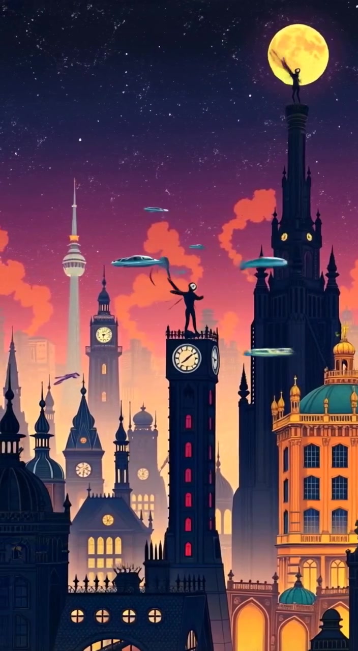 Flying cars gently maneuver between futuristic skyscrapers under a sparkling starry sky.