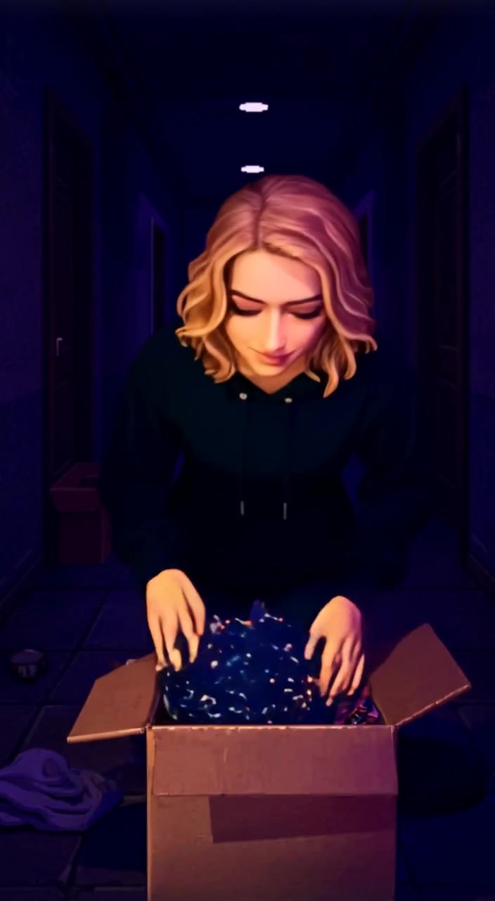 The woman gently unfolds clothes from a box, her focused expression reflecting excitement in her new apartment.