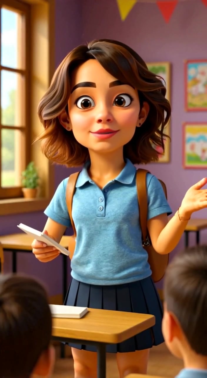 The woman enthusiastically gestures while presenting, her notebook raised, as classmates watch her attentively from their desks.