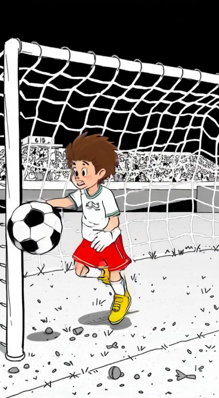 The boy strikes the soccer ball, sending it soaring into the goal, net rippling with the force of the impact.