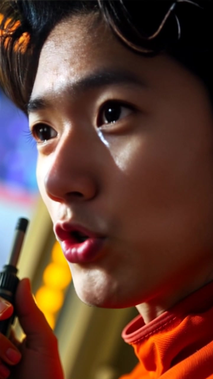 Subject: Lieutenant Chen with a concerned expression as he speaks into a communicator. Subject movement: He is slightly leaning forward, emphasizing urgency in his dialogue. Scene: Close-up shot of Lieutenant Chen's face, set against a blurred backdrop suggesting a tense environment. Style: Soft, diffused lighting highlighting his facial features and the communicator. Motion: The camera slowly pushes in on Chen's face, capturing the intensity of his gaze and the slight movement of his lips as he articulates.