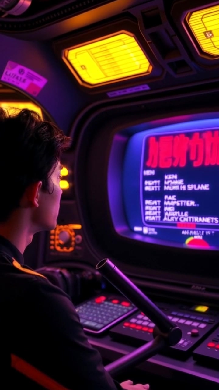 Subject: Lieutenant Chen intently observing a screen displaying static and an emergency alert. Subject movement: Chen shifts slightly in his chair, eyes darting between the screen and the various control panels. Scene: A dimly lit command center filled with blinking lights and screens surrounded by shadows. Style: Moody, low lighting emphasizing the tension and urgency of the situation. Motion: The camera slowly pushes in on Chen's focused expression, capturing the weight of the moment as ambient sounds heighten the suspense.