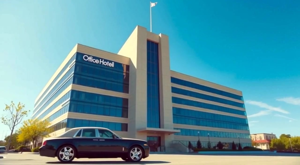A luxury car gently sways in the breeze under a clear blue sky, next to a modern office building.