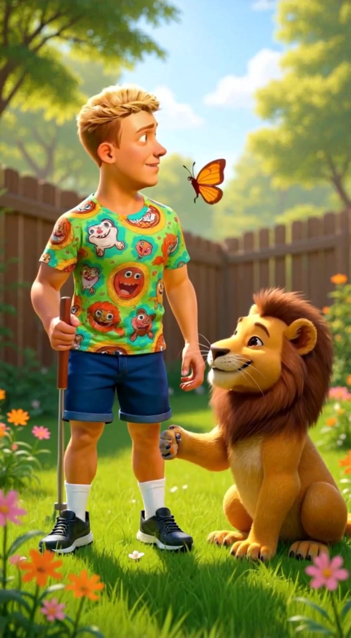 3D Animation: Child Playing with a Lion in the Backyard