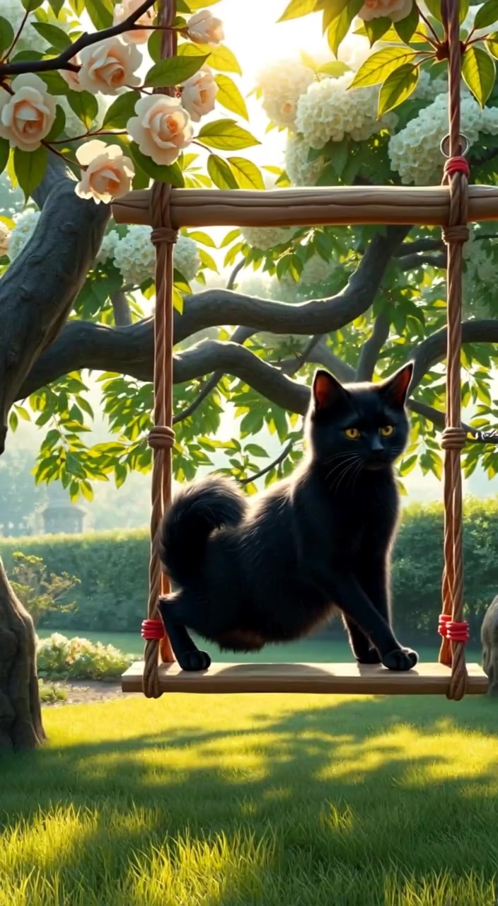 चाँदनी, the black cat, playfully swinging on a wooden swing hanging from a tree, surrounded by blooming blossoms.