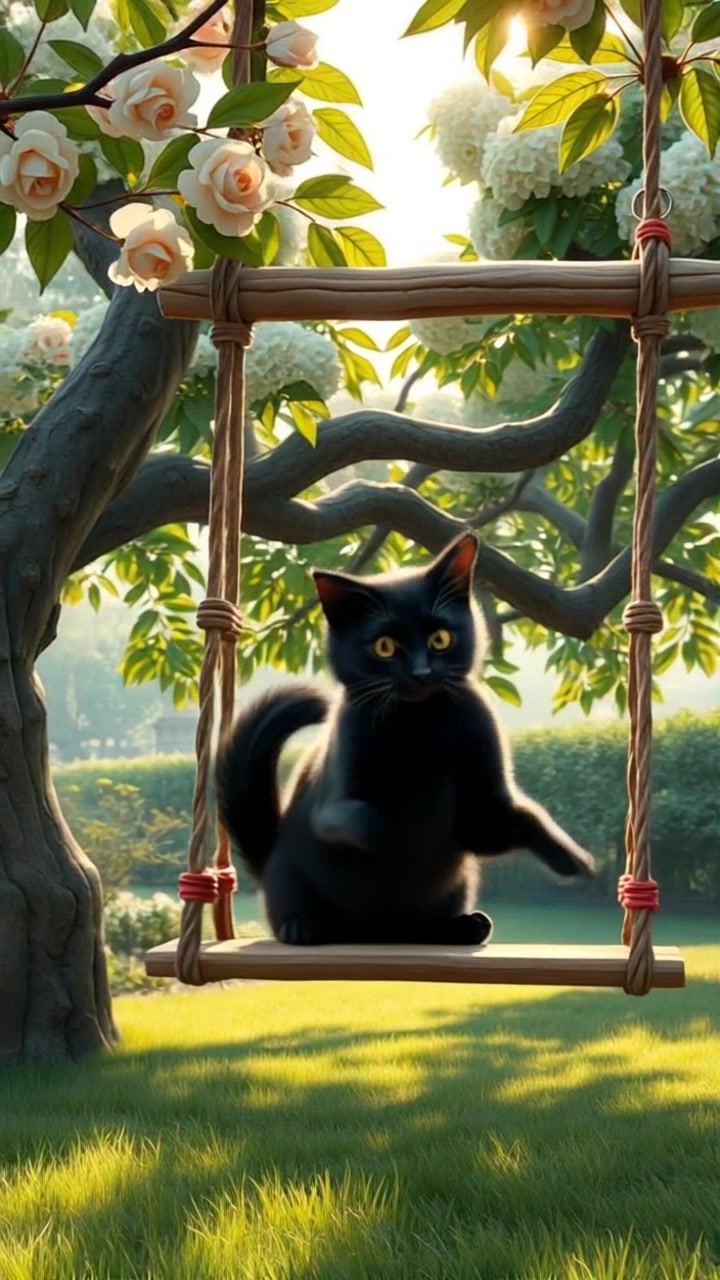 चाँदनी, the black cat, playfully swinging on a wooden swing hanging from a tree, surrounded by blooming blossoms.