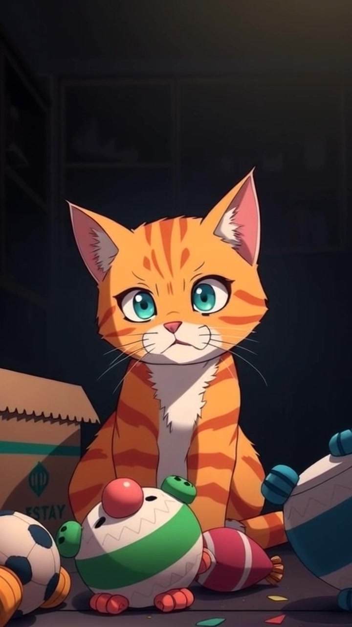 A close-up of Mittens with a distressed expression, surrounded by scattered toys and a half-opened box.