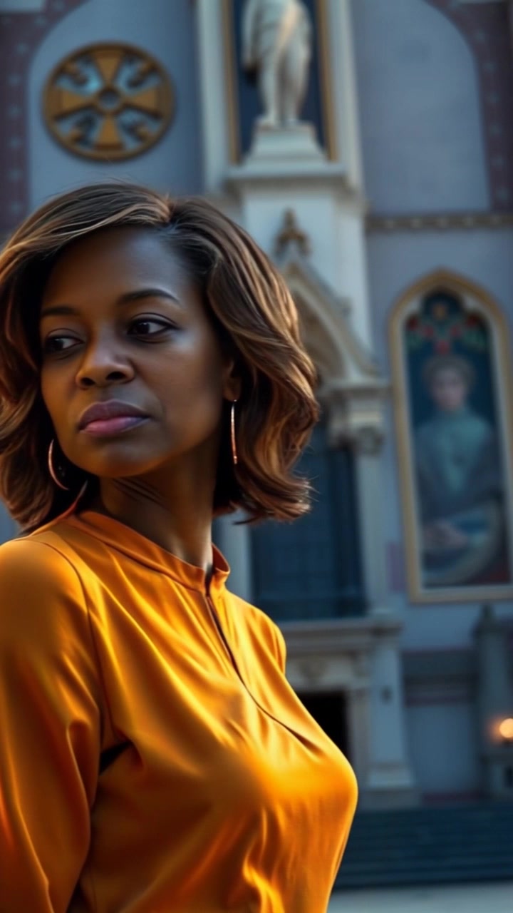 The Woman stands outside a church, looking pensive, with the church in the background.