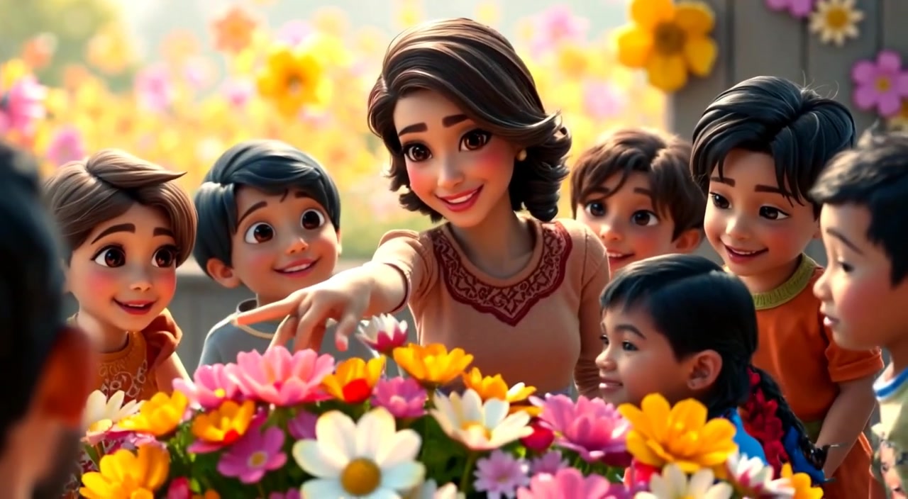 The woman gently points towards a vibrant patch of flowers, captivating the children around her with excitement.