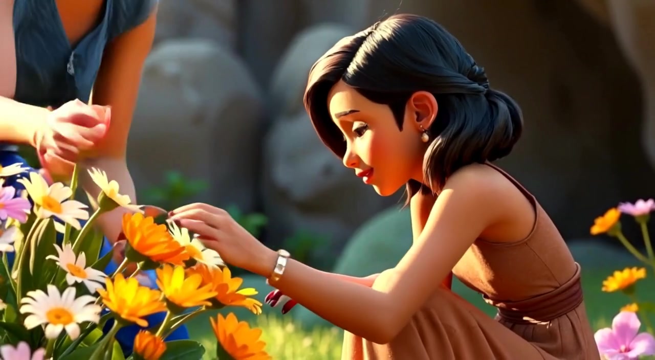 The woman gently points to colorful flowers as the children lean in with curiosity.