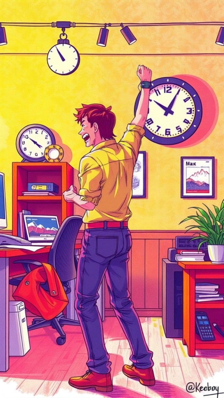 Scene: A dimly lit office at night, with a clock displaying late hours, overflowing with paperwork and glowing computer screens. Style: Cool, muted lighting contrasting with warm highlights from the screens, creating a focused yet slightly chaotic atmosphere. Motion: The subject stands up excitedly, arms raised in triumph while the camera performs a smooth push in, capturing the intensity of the moment and the surrounding clutter as it subtly shifts to the clock and then back to the subject.