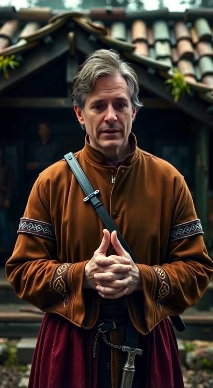 The man stands in front of the cabin, speaking seriously with hands clasped together, as snow gently falls around.