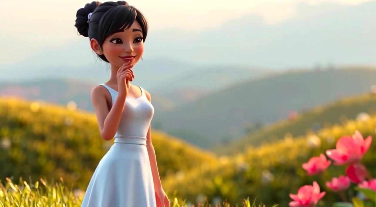 The woman gently brushes her fingers through the grass, smiling as sunlight warms her face on the hillside.