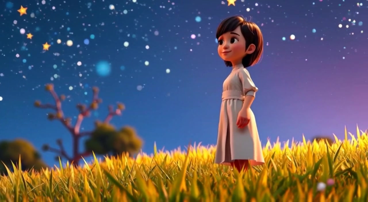 The woman gently stares at the star-filled sky, as a soft breeze rustles her dress on the grassy hill.