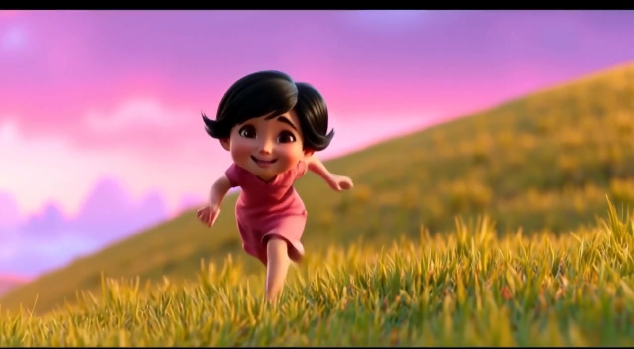The child joyfully runs down a grassy hill, hair flowing, as the sun sets on the horizon.