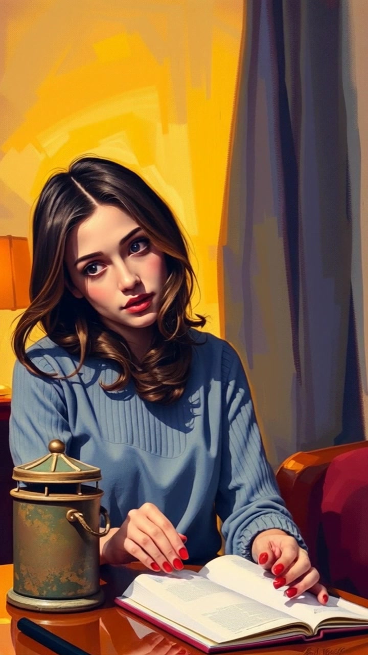 Subject (Quiet apartment, young woman with surprised expression, dusty box) + Subject stands still + Scene (Dimly lit apartment interior) + Camera Language (Slow zoom in) + Lighting (Dim ambient lighting) + Atmosphere (Mysterious)