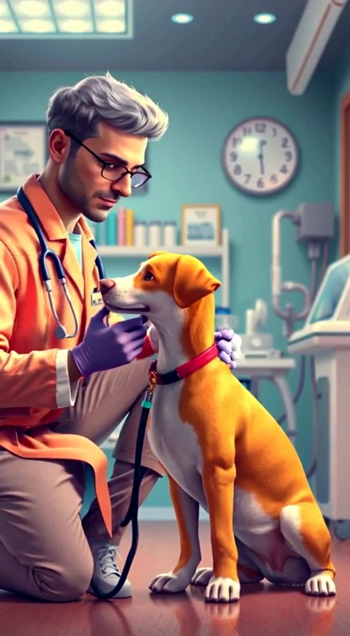 The veterinarian gently examines the dog while medical equipment softly glows in the background of the clinic.