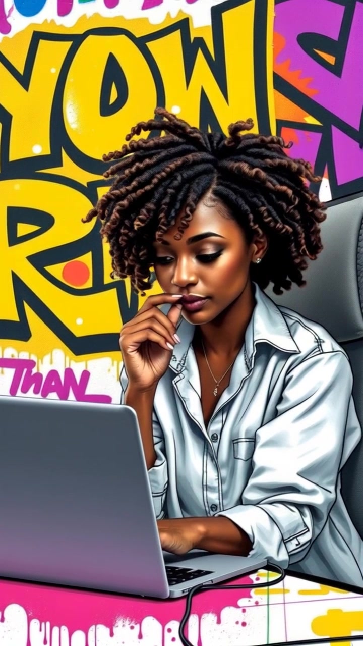 You, with a casual outfit, sitting at a desk with a laptop, looking thoughtfully at the screen.