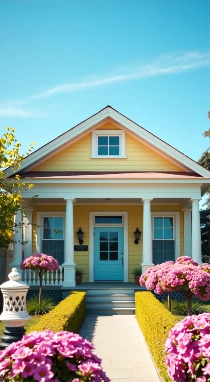 The flowers gently sway in the breeze outside the beautifully painted modern house under the clear blue sky.