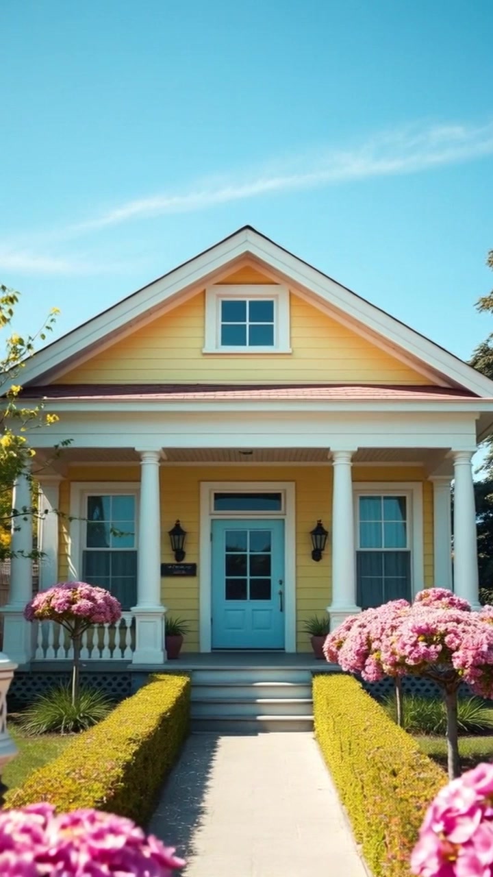 Scene: A beautiful modern house exterior, freshly painted, surrounded by vibrant blooming flowers under a clear blue sky. Style: Bright, sunny lighting enhances the freshness of the paint and colors of the flowers, creating an inviting atmosphere. Motion: Camera slowly pushes in towards the house, capturing the details of the architecture and the lively garden as it emphasizes the beauty of the scene.