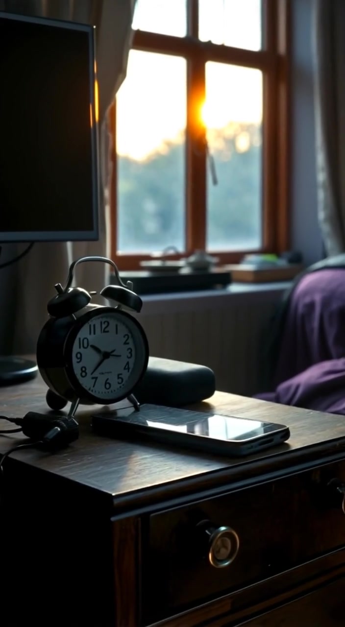 Soft morning sunlight gently illuminates the nightstand, highlighting the clock's hands ticking and the smartphone's screen glowing.