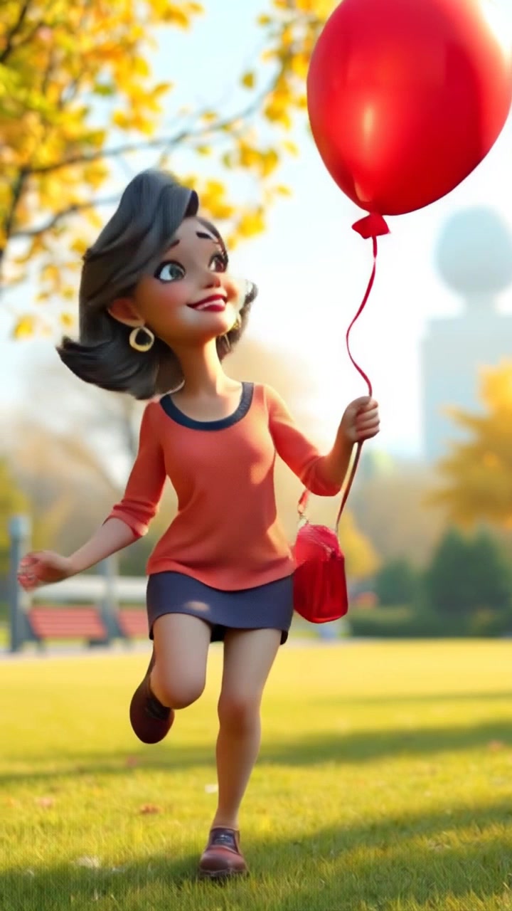Subject: A joyful girl with a big red shiny balloon. Subject movement: She skips happily through a sunny park, her laughter echoing in the air. Scene: A vibrant park filled with lush greenery and blooming flowers, under a bright blue sky. Style: Sunlit ambiance, enhancing the cheerful vibe of the scene. Motion: The camera follows her upbeat skipping with a smooth tracking shot, capturing the balloon bobbing above her head against the backdrop of the park's beauty.