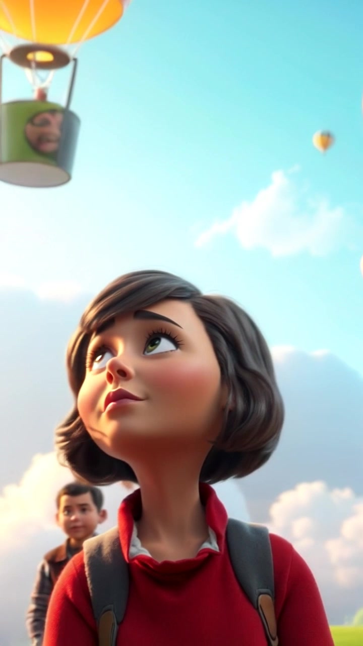Subject: A girl expressing worry as she looks up at a drifting balloon. Subject movement: She instinctively reaches out with her hand as the balloon floats higher in the sky. Scene: A park setting with green grass and trees, the balloon ascending into a bright blue sky. Style: Soft morning light illuminating the scene, casting gentle shadows. Motion: The camera begins with a close-up of her worried face, then pushes out slowly to reveal the balloon rising above her, capturing the juxtaposition of her anxiety against the carefree ascent.