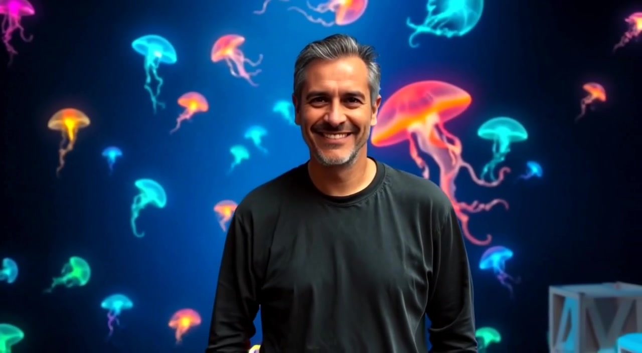 The man smiles warmly and gently waves goodbye from a brightly lit studio.