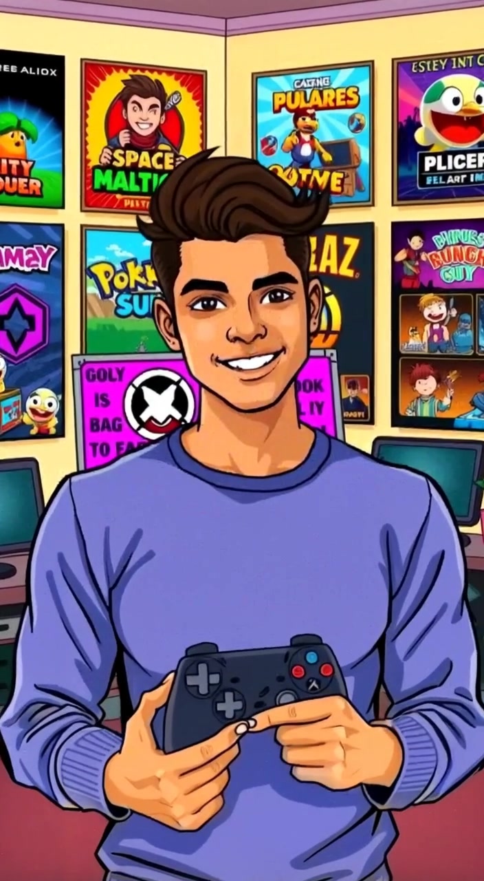 The boy joyfully presses buttons on the gaming controller, surrounded by vibrant game posters in a cozy room.