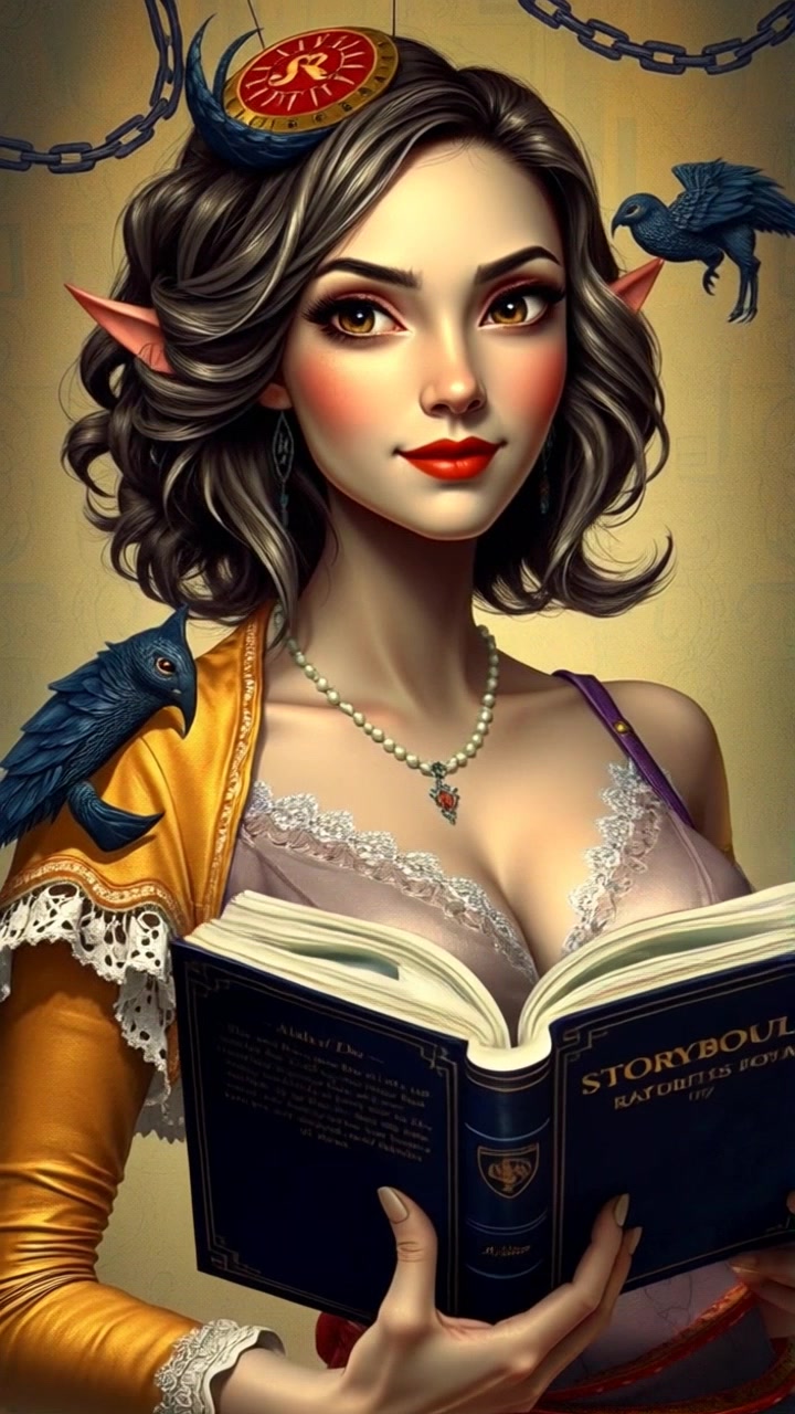 Subject: A confident woman holding a storybook with an inviting expression. Subject movement: She smiles warmly and, with a gentle motion, opens the book to reveal its colorful pages. Scene: A cozy reading nook filled with soft cushions and warm lighting, surrounding the woman. Style: Soft, golden ambient light enhances the inviting atmosphere. Motion: The camera slowly pushes in on the woman's face as she shares the story, with a smooth transition to the colorful illustrations in the book.