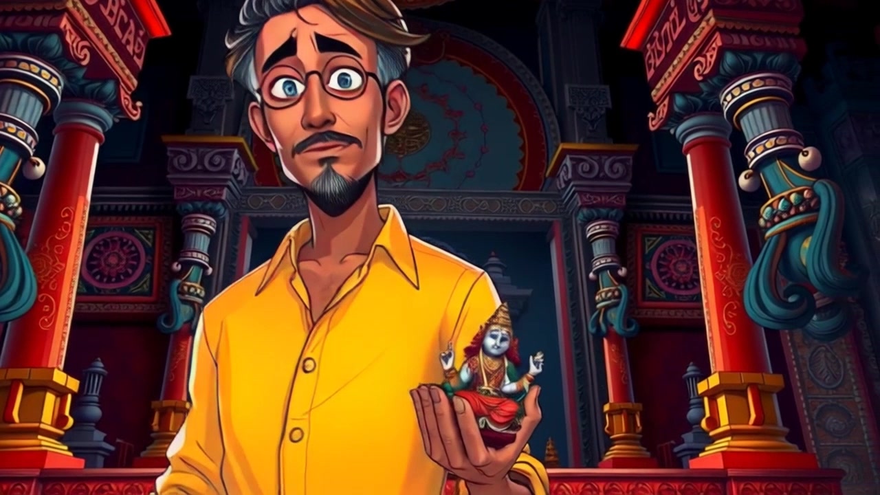 Subject (Chunindra with intricate carvings, holding a small idol) + Subject movement (Still) + Scene (Grand temple setting) + Camera Language (Slow zoom out) + Lighting (Soft golden light filtering through stained glass windows) + Atmosphere (Serene and mystical ambiance)